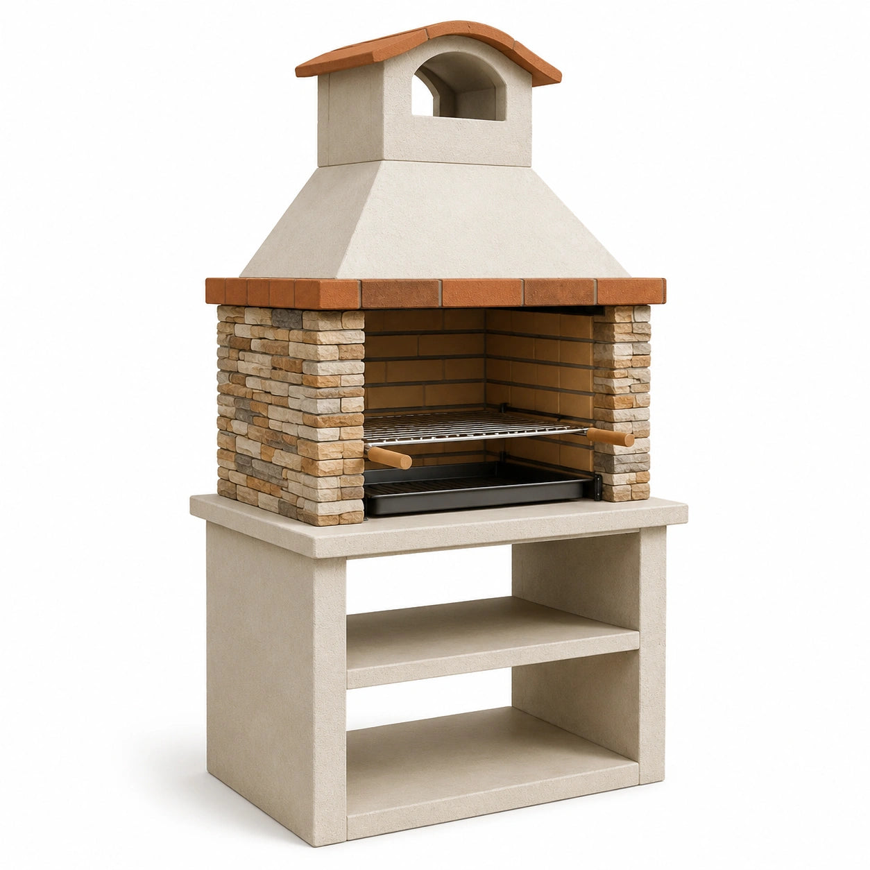Grillkamin aus Beton mit Natursteinverblendung und Keramikdach