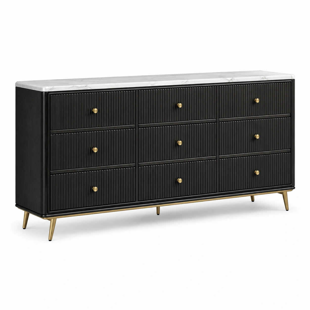 Kommode mit 9 Schubladen aus Holz und Metall in Schwarz mit Marmoroptik