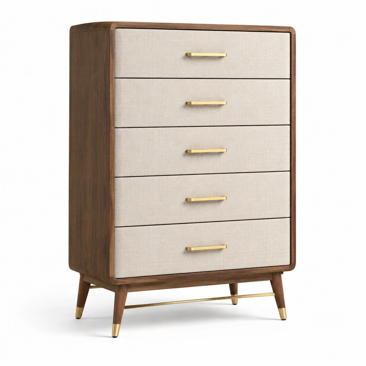 Schubladenschrank Holz Leinen Beige mit Goldgriffen