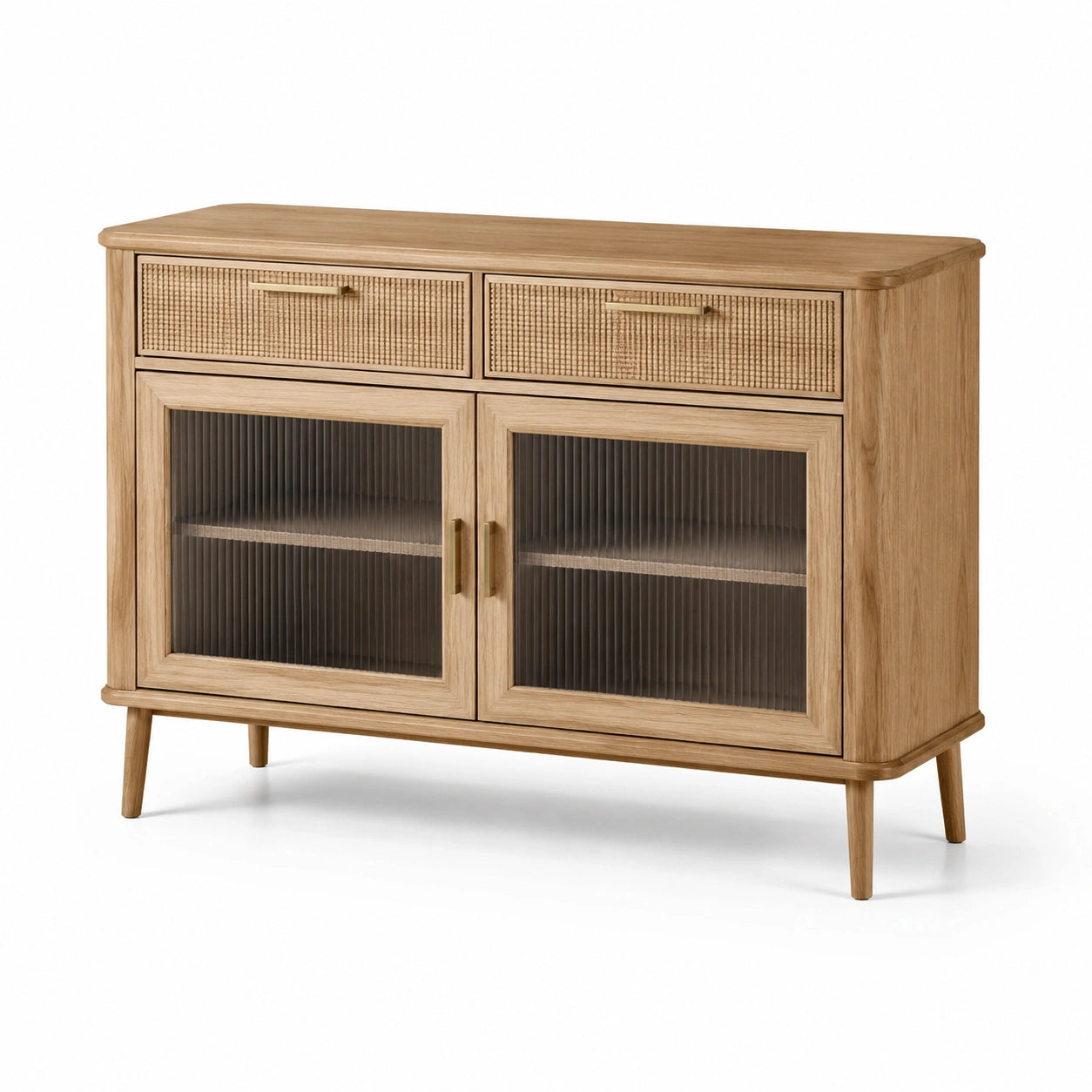 Holz-Sideboard mit gerippten Glastüren und Rattanschubladen 120x40x85 cm Natur