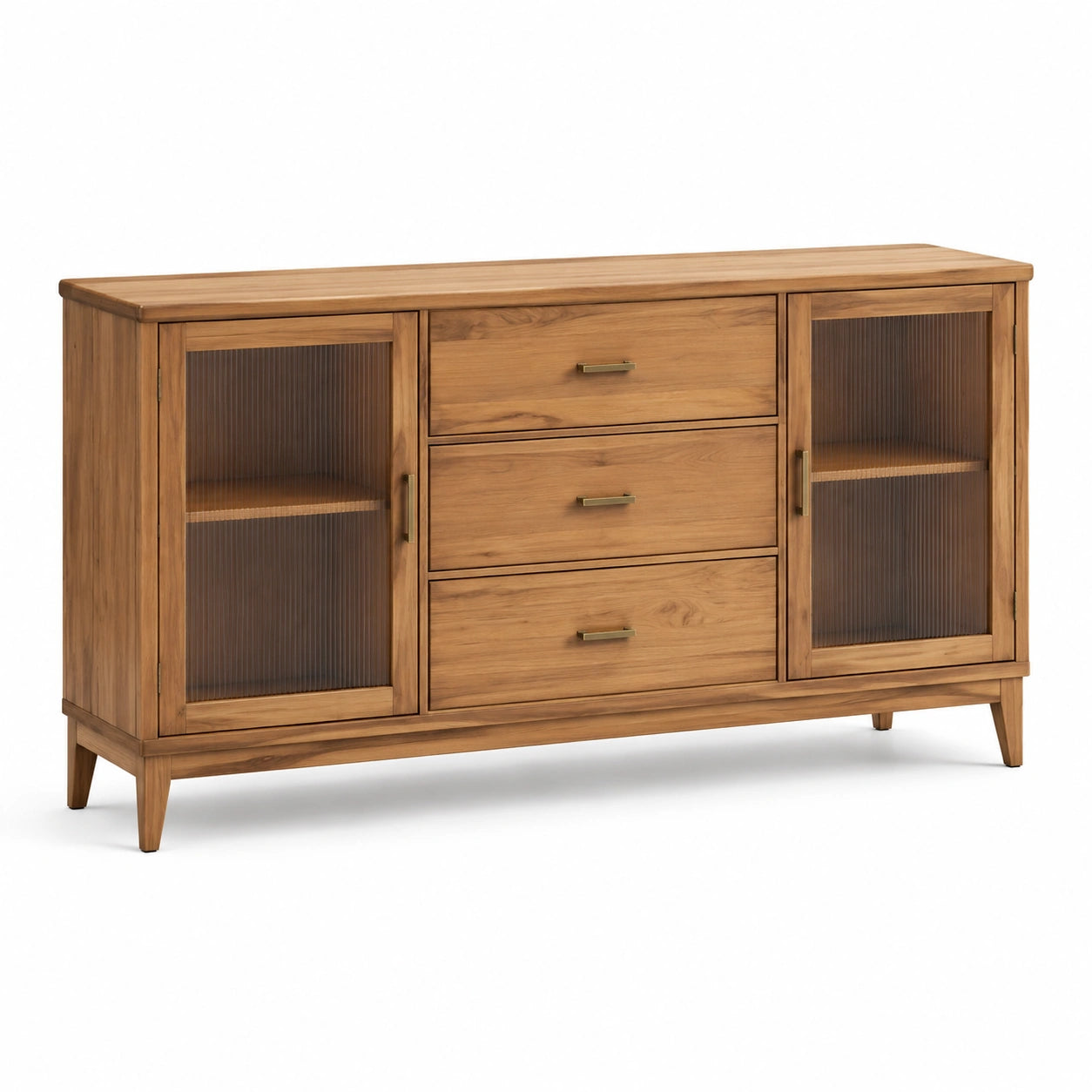 Sideboard Eiche Riffelglas 3 Schubladen 2 Glastüren Natur 150x40x80 cm