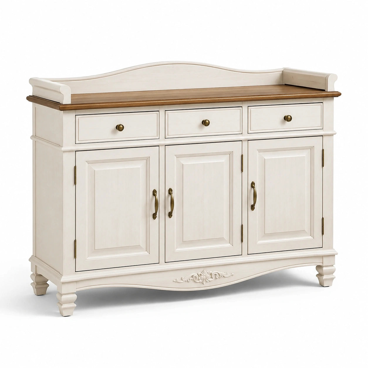 Sideboard aus Eichenholz mit Messinggriffen Cremeweiß/Eichenbraun 120x85x40cm