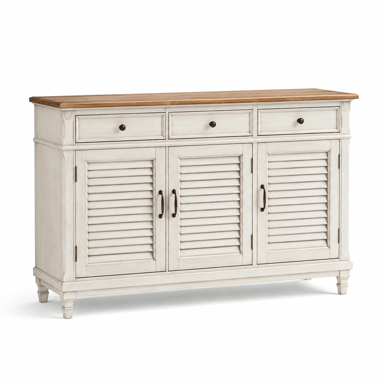 Sideboard aus Kiefernholz mit Eichentischplatte, Weiß