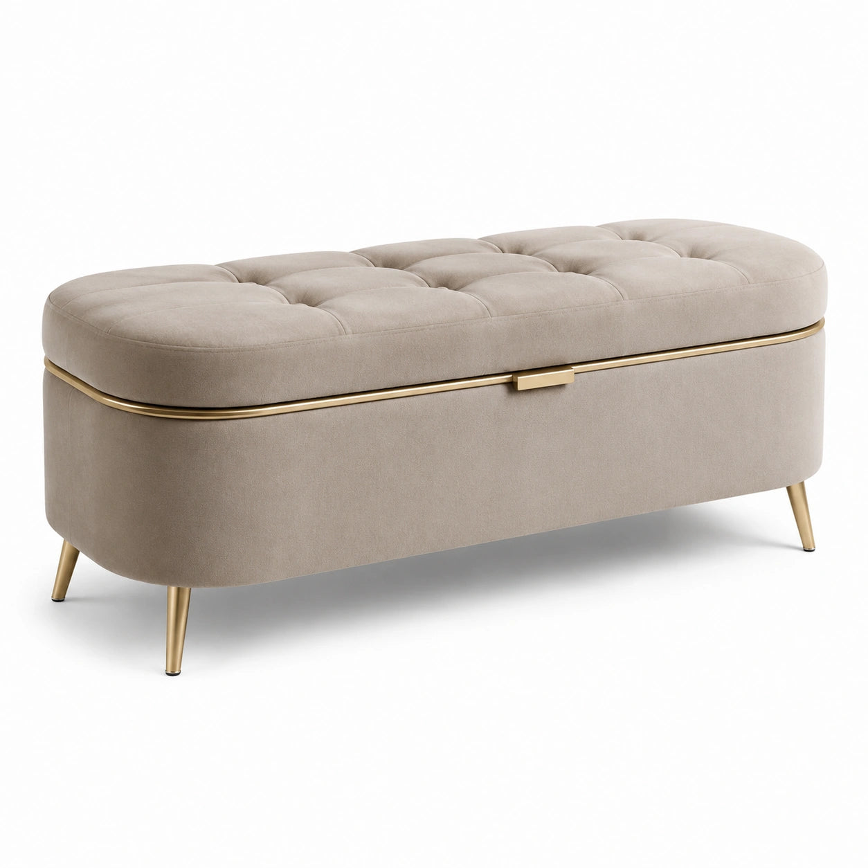 Velours-Polsterbank mit Stauraum und Metallbeinen in Beige
