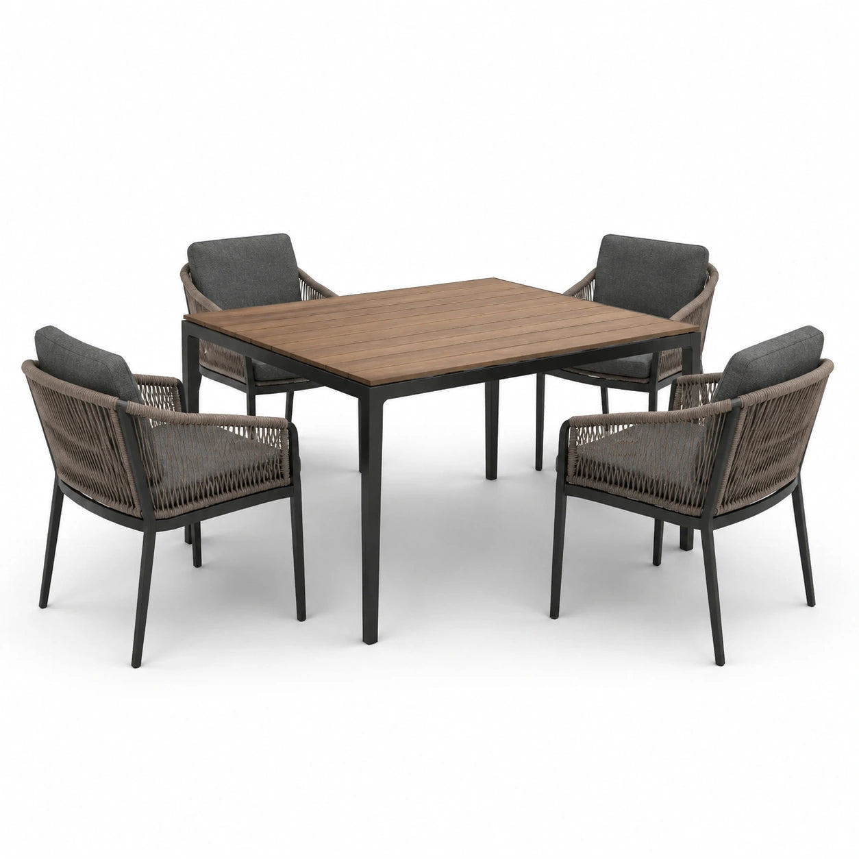 Garten-Essgruppe aus Aluminium, Holzoptik und Polyrattan