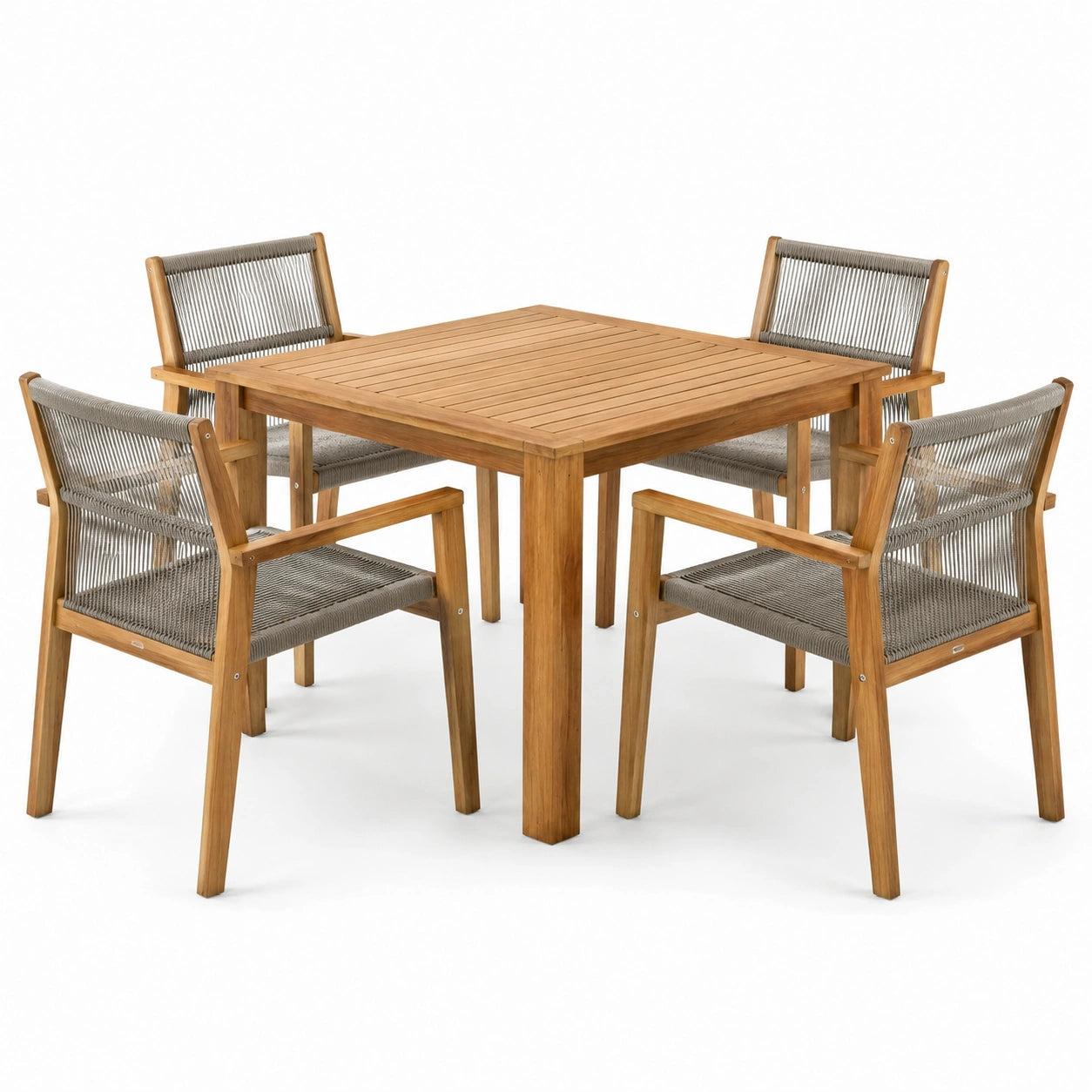 Garten-Essgruppe aus Teakholz mit Tisch und 4 Stühlen aus Seilgeflecht