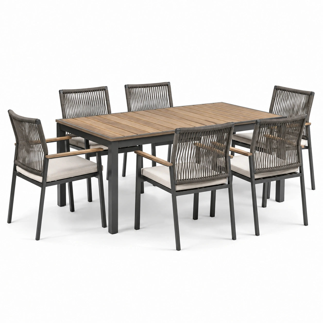 Garten-Essgruppe aus Aluminium und Teakholz mit 6 Stühlen, rechteckig, Grau